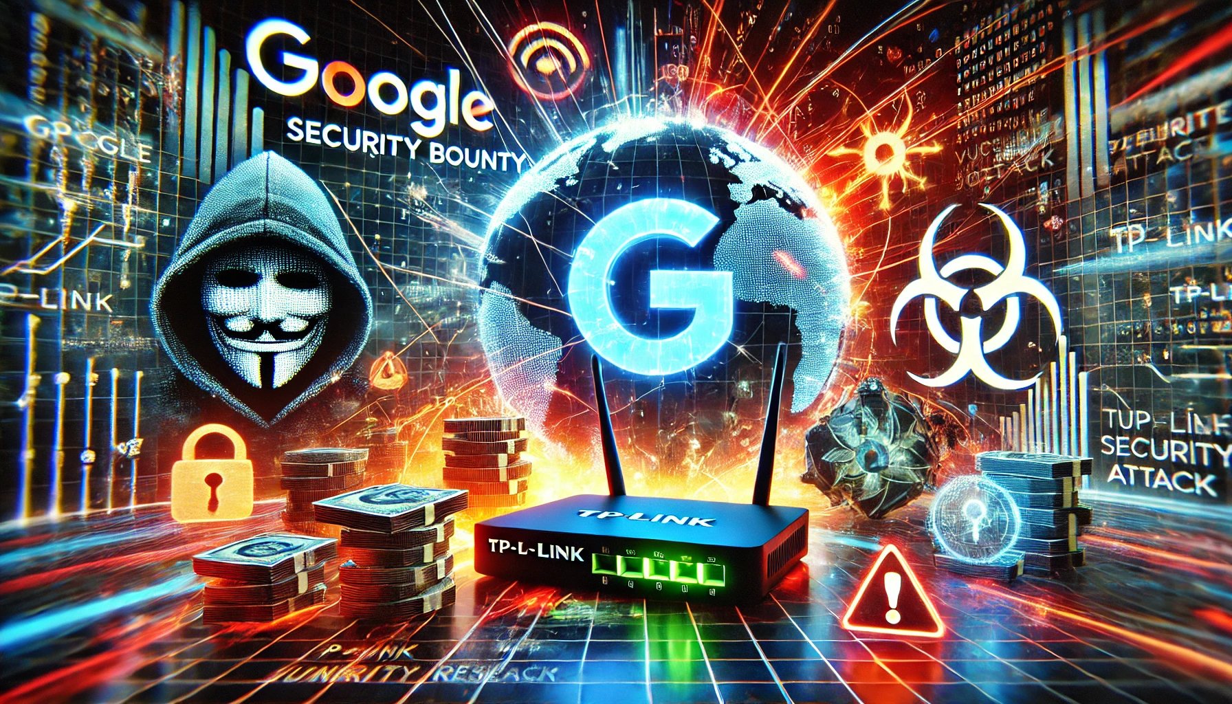 Imagem digital futurista representando cibersegurança. O Google está no centro, cercado por hologramas de dinheiro digital. À esquerda, um roteador TP-Link iluminado por luzes vermelhas, sinalizando um ataque de botnet. No lado direito, o logotipo de X (antigo Twitter) aparece distorcido, representando uma invasão cibernética. No canto inferior, um site pirata exibe um ícone de caveira sobre um botão de download falso, sugerindo malware. O fundo apresenta um ambiente de tecnologia avançada com tons neon e efeitos glitch.