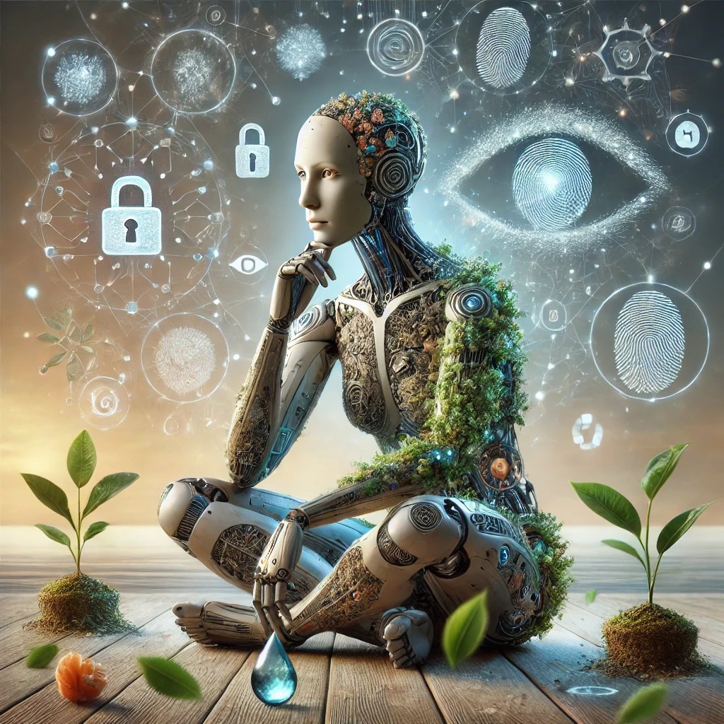 Humanoide artificial em pose meditativa, metade orgânico e metade digital, rodeado por ícones de privacidade e com data centers ao fundo; natureza e tecnologia se fundem em um cenário simbólico e sereno.