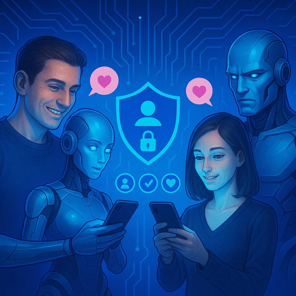 Ilustração futurista em tons de azul mostrando dois humanos interagindo com chatbots humanoides. À esquerda, um homem sorri enquanto segura um smartphone ao lado de uma robô feminina de aparência metálica e expressão neutra. À direita, uma mulher utiliza seu celular acompanhada de um robô masculino com rosto sério e olhos brilhantes. No centro da imagem, há um grande ícone de segurança em forma de escudo com símbolos de usuário e cadeado, acompanhado de ícones menores representando pessoas, verificação e coração. O fundo possui circuitos digitais, transmitindo a ideia de tecnologia, proteção de dados e relações mediadas por IA.
