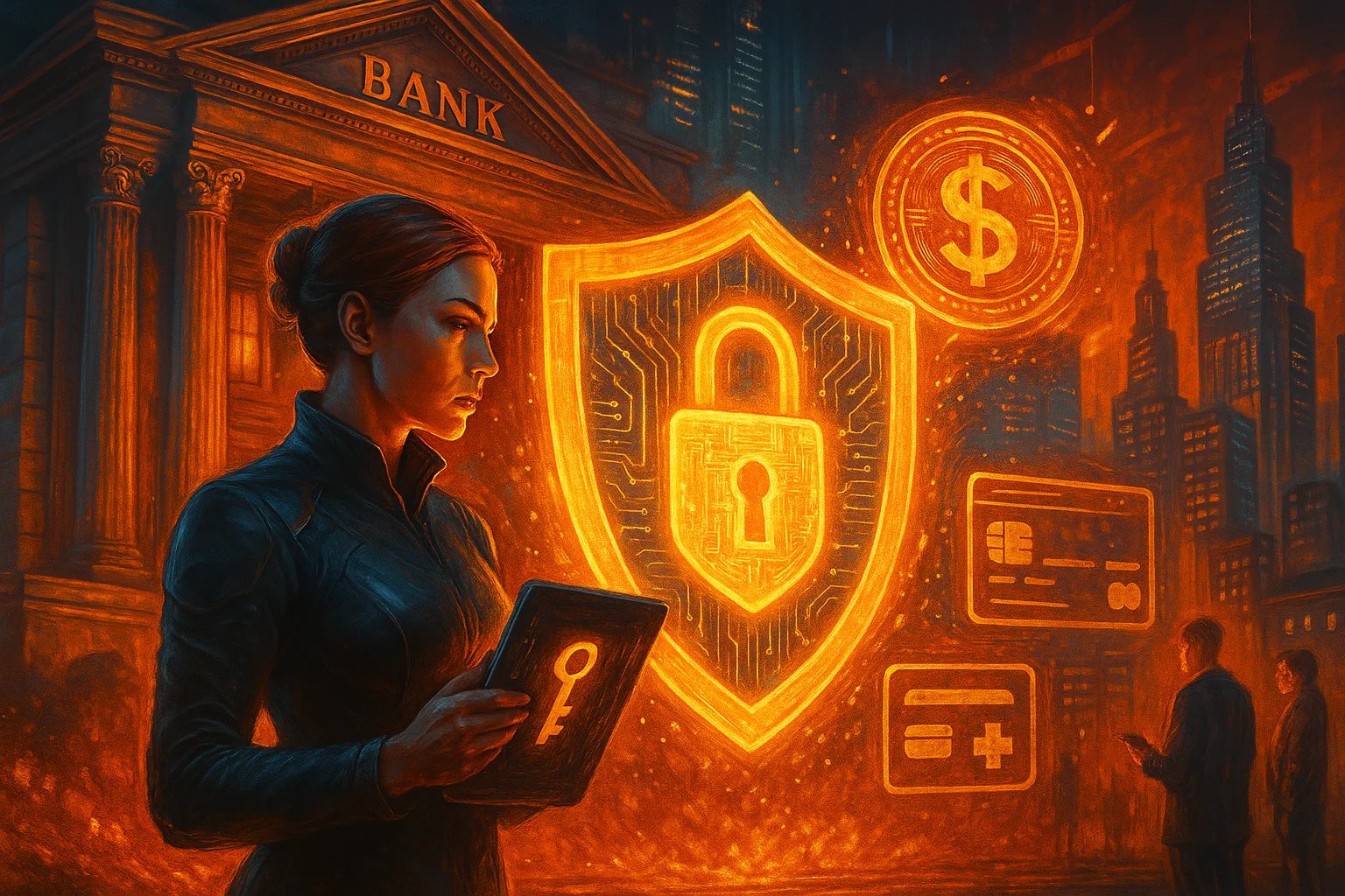 Ilustração futurista em tons quentes mostra um cenário de proteção de dados financeiros, com um escudo digital, símbolo de cadeado, um banco ao fundo e uma figura encapuzada operando sistemas em um ambiente cibernético.
