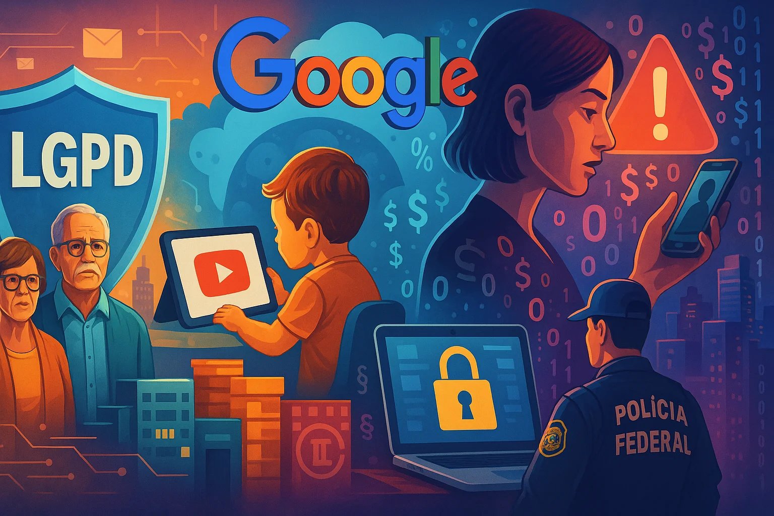 Uma ilustração digital vibrante em estilo semi-realista que reúne diferentes aspectos da privacidade e da segurança digital. À esquerda, um grande escudo azul com a sigla LGPD protege dois personagens mais velhos, representando os cidadãos. No centro, uma criança interage com um tablet que exibe o ícone do YouTube, enquanto ao fundo aparece o logotipo do Google. À direita, uma mulher observa atenta seu celular, cercada por símbolos de alerta, moedas e códigos binários, representando fraudes e crimes digitais. Em primeiro plano, um agente da Polícia Federal aparece de costas diante de um laptop com um cadeado amarelo na tela, simbolizando a proteção de dados. O conjunto é colorido, dinâmico e transmite o embate entre inovação tecnológica, fiscalização e desafios da proteção da privacidade.