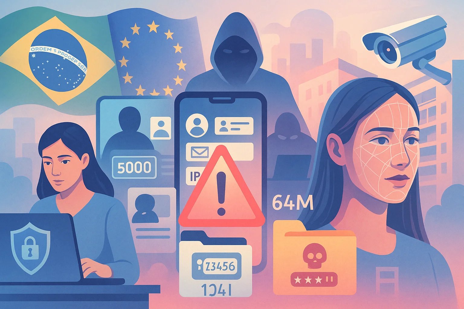 Ilustração digital em estilo suave e futurista, com tons claros, retratando temas de cibersegurança e privacidade: uma mulher usando laptop com ícone de cadeado, reconhecimento facial, alertas de vazamento de dados, figuras de hackers, pastas digitais e as bandeiras do Brasil e União Europeia ao fundo.