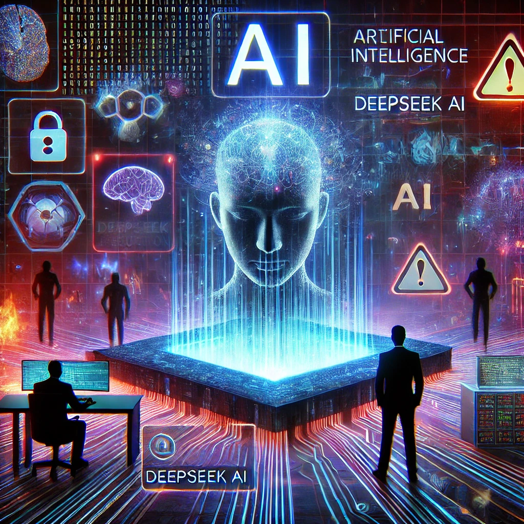 Ilustração futurista de cibersegurança, destacando os riscos da inteligência artificial na proteção de dados. A imagem mostra um profissional analisando ameaças cibernéticas em um ambiente digital, com a palavra 'DeepSeek' em um letreiro neon, representando a exposição de dados e a importância de medidas como o DPO as a Service para mitigar riscos.