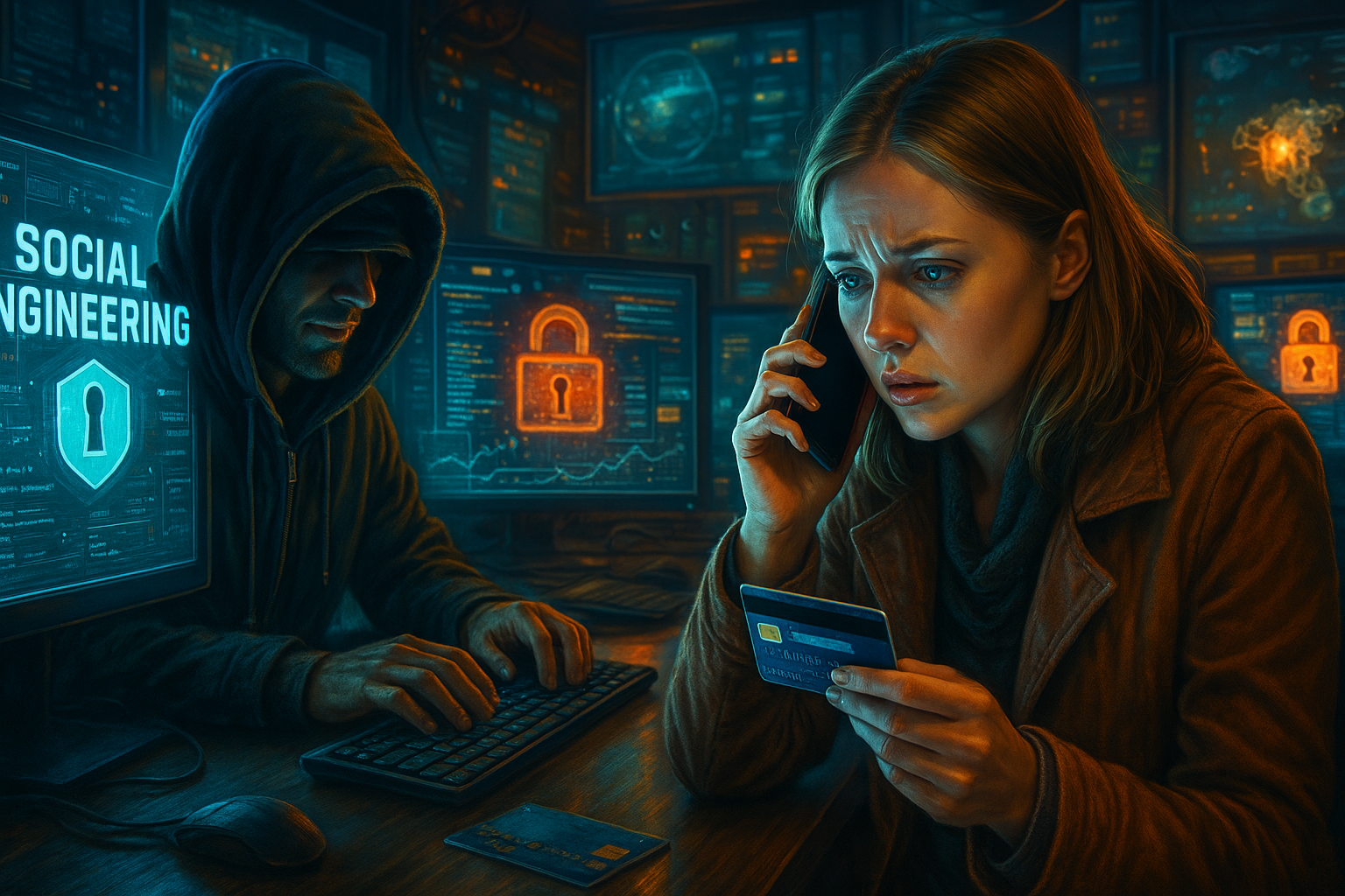 Cena realista retrata um hacker operando em meio a telas digitais, enquanto uma mulher assustada segura um cartão e fala ao telefone, ilustrando um golpe de engenharia social.