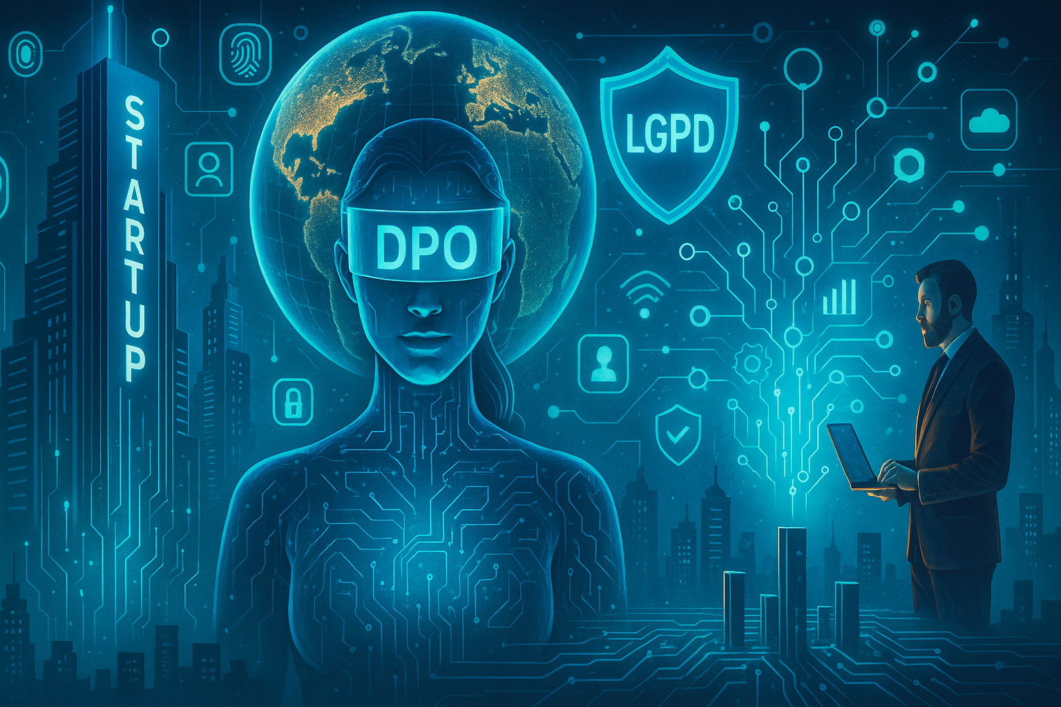 Ilustração futurista retrata uma DPO cibernética diante de uma cidade tecnológica, com ícones da LGPD, startups e proteção de dados. Ao fundo, uma rede global conecta inovação e privacidade digital.