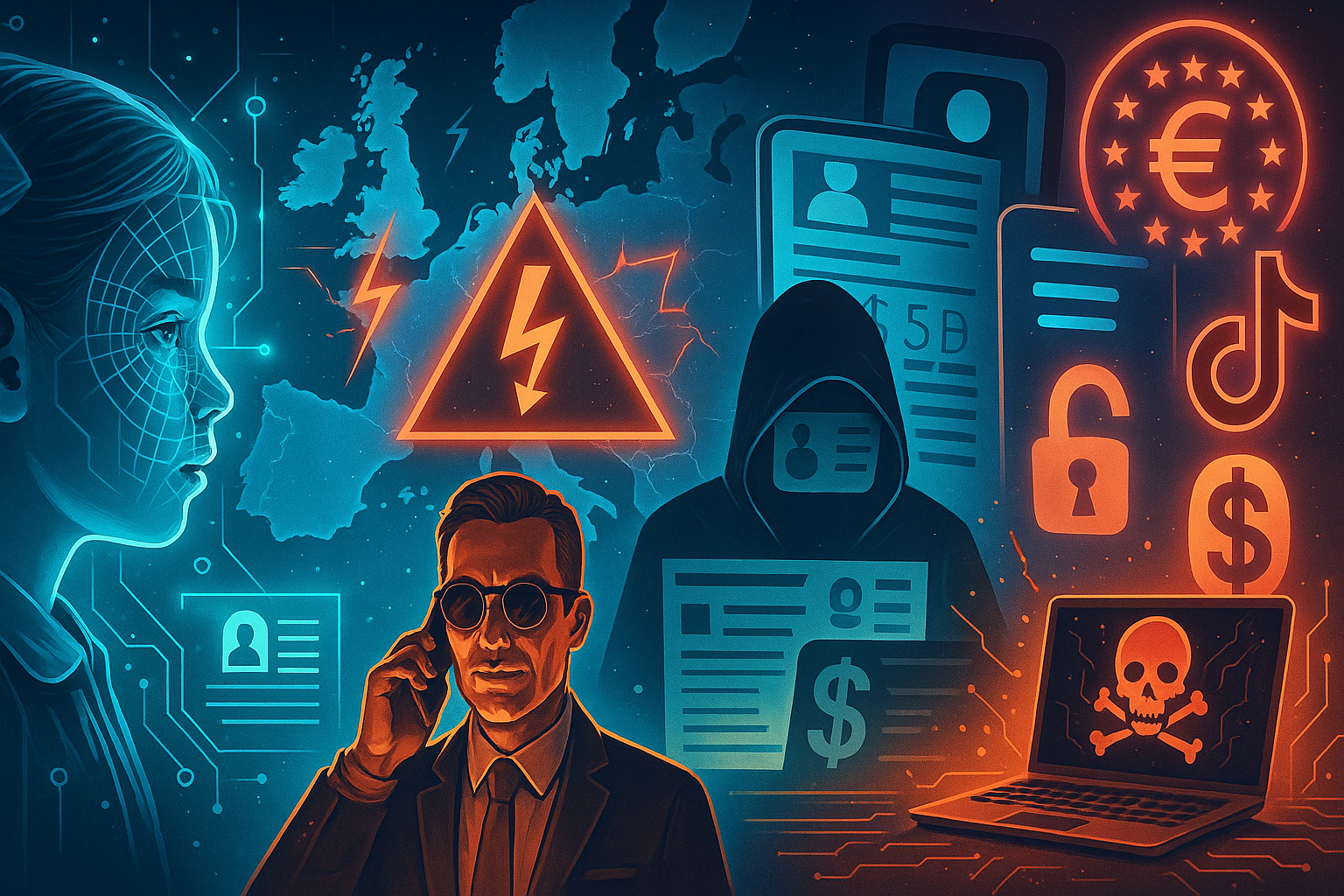 Imagem futurista representa ameaças digitais como vigilância infantil, apagão na Europa, golpes, venda de dados, ransomware e multa ao TikTok, com estética tecnológica e tons contrastantes.
