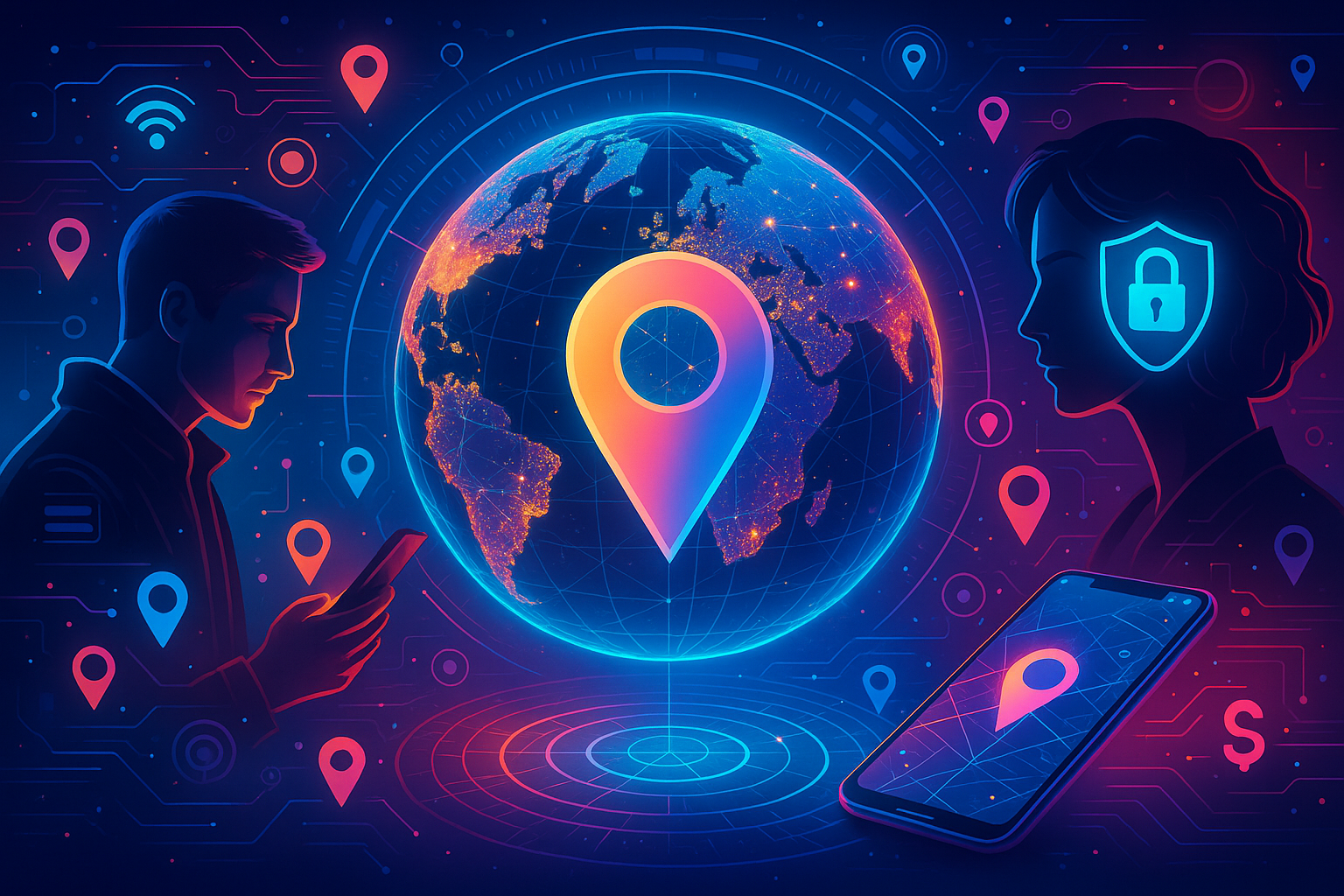 Imagem futurista com ícone de geolocalização sobre um globo digital, cercado por pins coloridos. Um homem e uma mulher interagem com smartphones, destacando os temas de rastreamento, conectividade e privacidade digital.