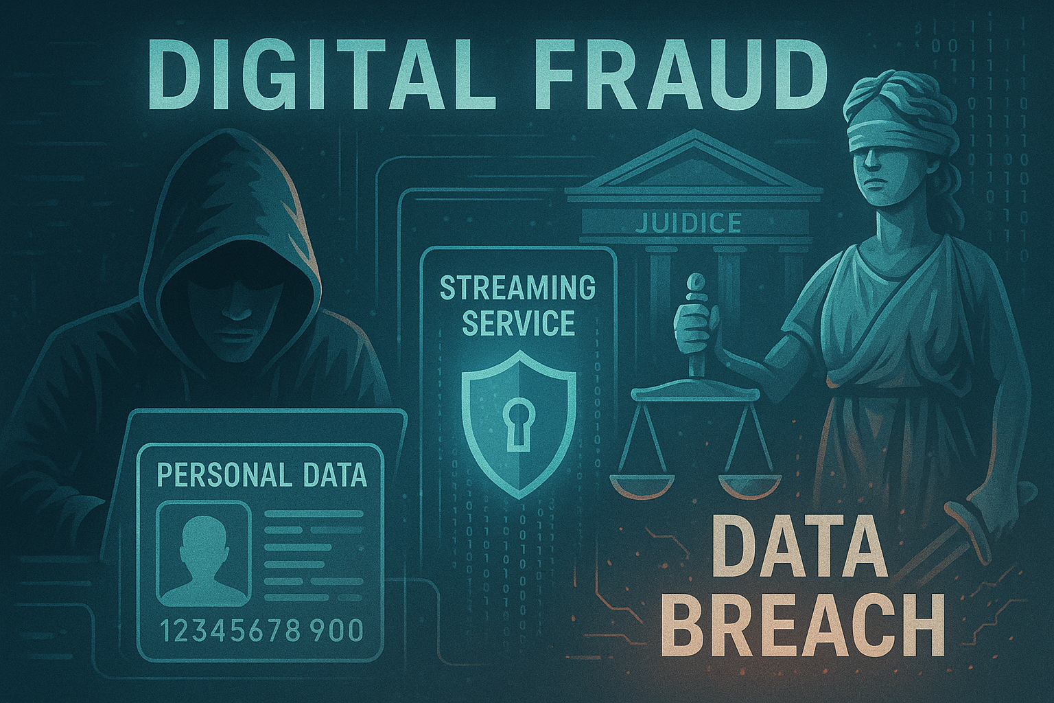 Ilustração futurista de fraude digital com um hacker, dados pessoais expostos, escudo de segurança de streaming, prédio governamental e a deusa da justiça diante da frase “Vazamento de Dados”.
