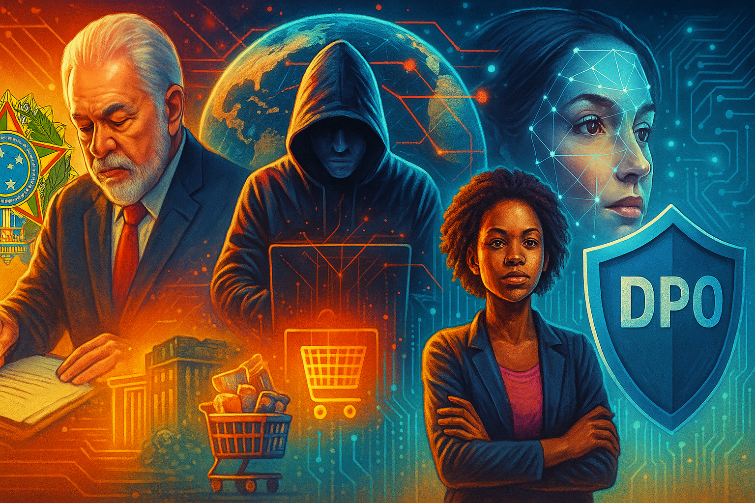 Ilustração futurista e vibrante retrata cinco cenas interligadas sobre privacidade e segurança digital: servidores invadidos, biometria em programas sociais, vigilância com reconhecimento facial, uso indevido de dados em redes sociais e um DPO supervisionando o cenário tecnológico. Tudo isso ambientado com estética realista e luzes intensas em tons de azul e magenta.