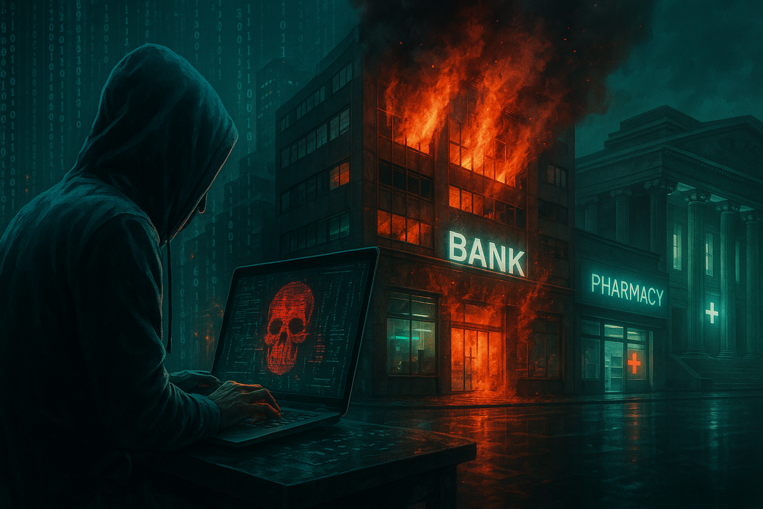 Em um cenário futurista e urbano à noite, um hacker encapuzado executa um ataque cibernético contra um banco em chamas. Ao lado, uma farmácia iluminada em neon e um tribunal clássico contrastam com o caos. A cena é refletida nas ruas molhadas, sob uma chuva de códigos binários, sugerindo um mundo dominado por ameaças digitais.