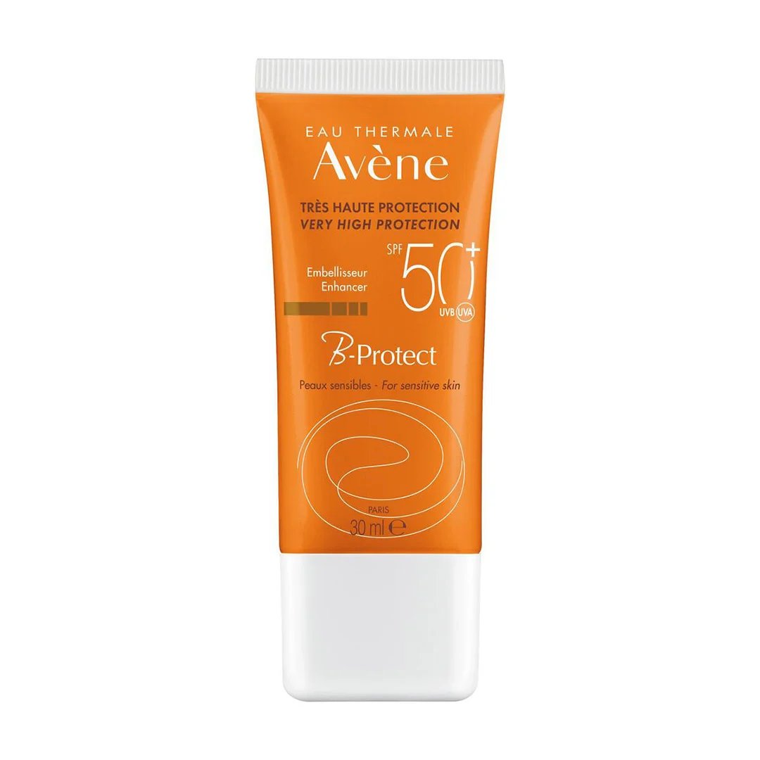 Eau Thermale Avène B-Protect SPF 50 offrant protection solaire et éclat du teint.