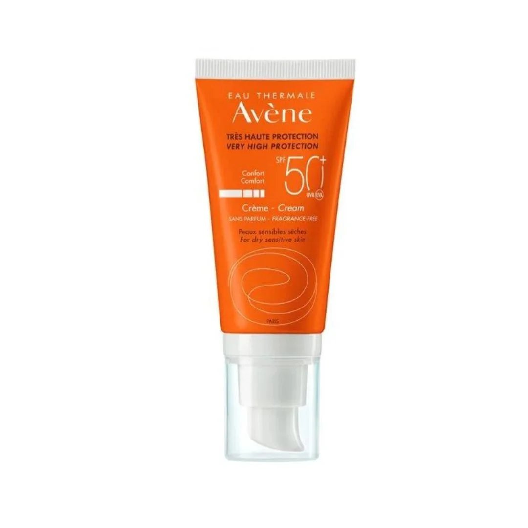 Eau Thermale Avène Crème SPF 50 pour protection solaire teintée des peaux sensibles.