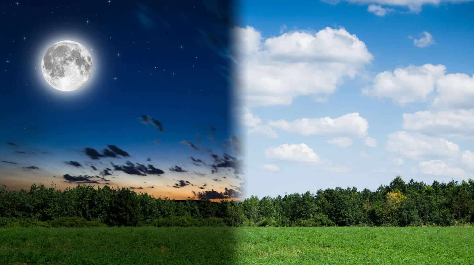 A grass field and sky, half is night and half is day.