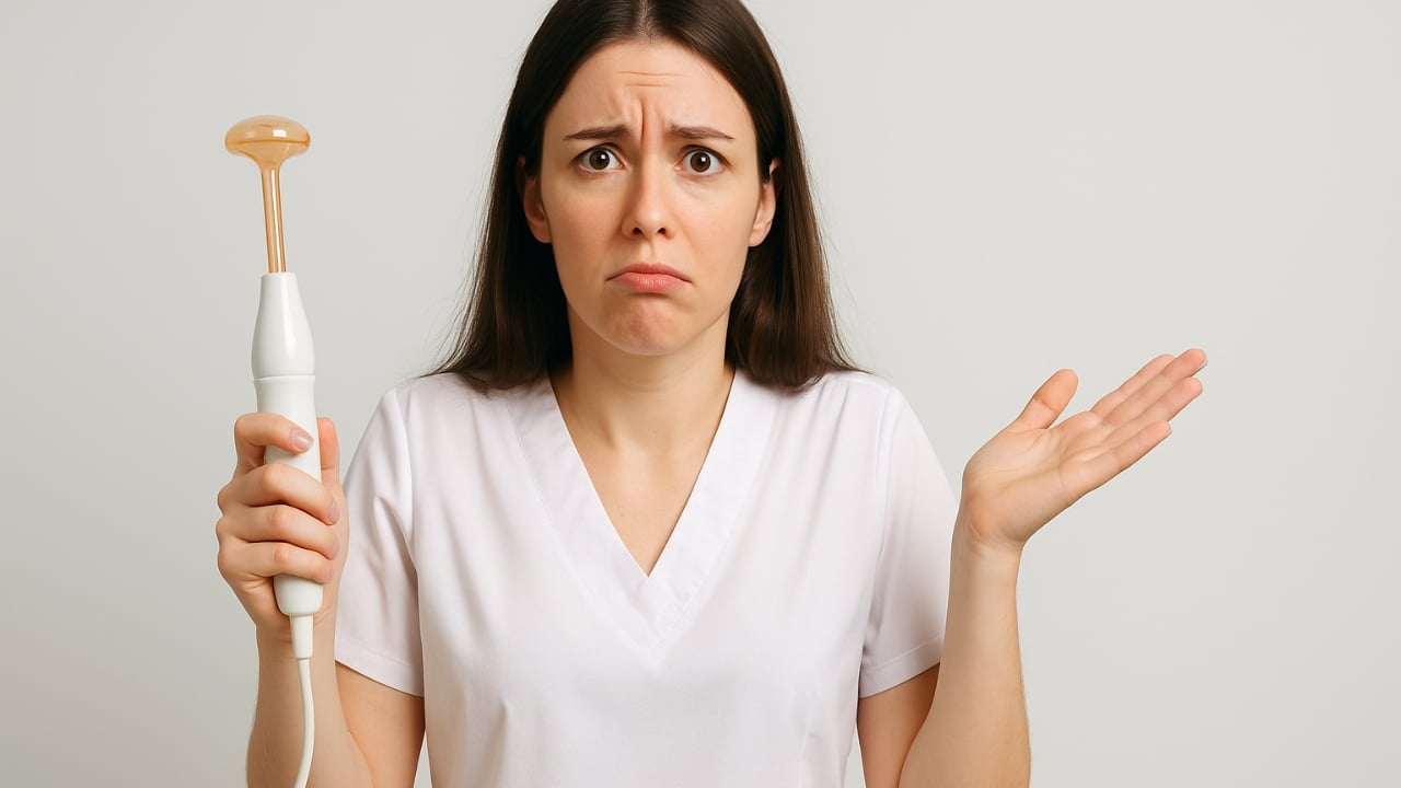 Cosmetóloga confundida sin saber cómo usar su equipo de alta frecuencia corporal.