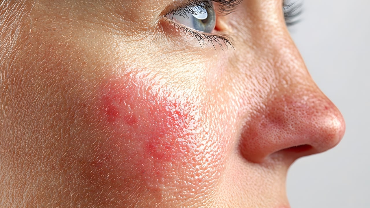 Rostro con signos de piel sensible: enrojecimiento, irritación y sensibilidad cutánea.