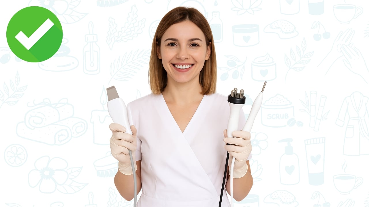 Cosmetóloga feliz sosteniendo diferentes aparatos de estética facial, incluyendo radiofrecuencia y espátula ultrasónica.