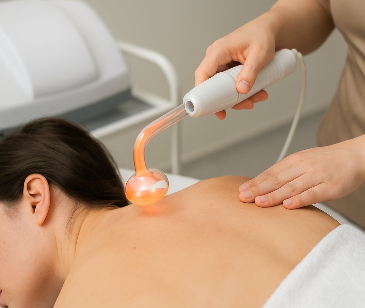 Protocolo paso a paso de alta frecuencia corporal aplicado en la espalda durante un tratamiento profesional.