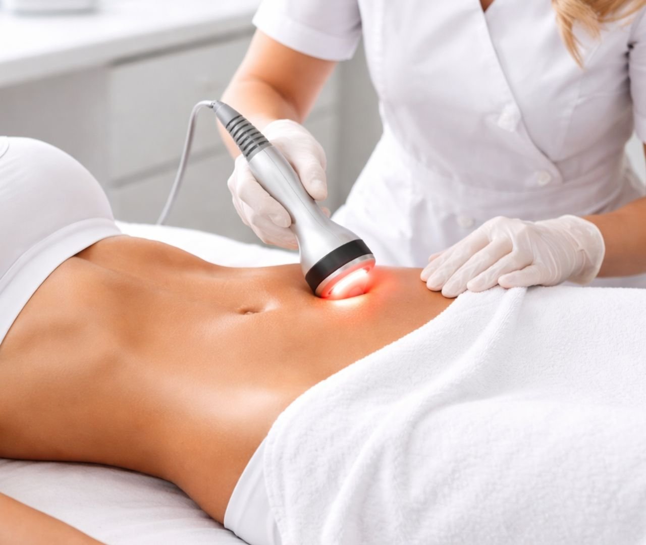Tratamiento profesional de radiofrecuencia corporal aplicado en el abdomen para reducir flacidez y mejorar la cintura.