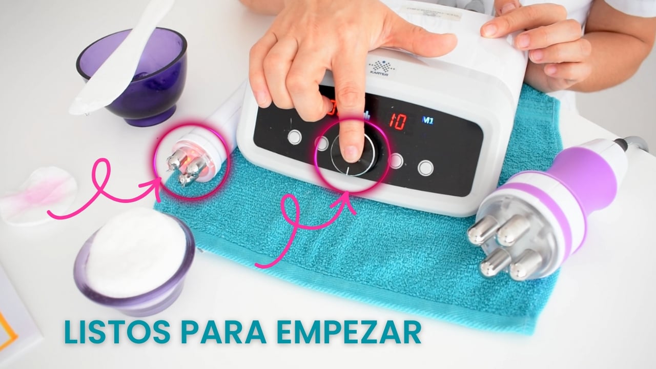 Aparato de radiofrecuencia correctamente configurado y listo para iniciar el tratamiento facial.