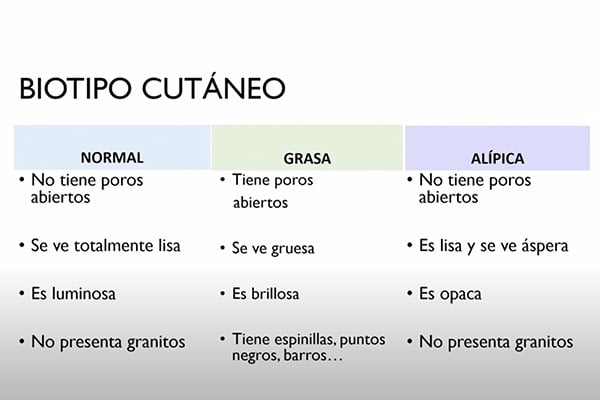Estructura de una tabla de características de Biotipos tabla con características de cada tipo de piel