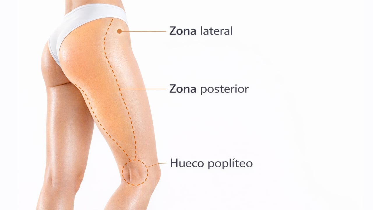 Esquema anatómico del muslo con zona lateral, zona posterior y hueco poplíteo para radiofrecuencia.