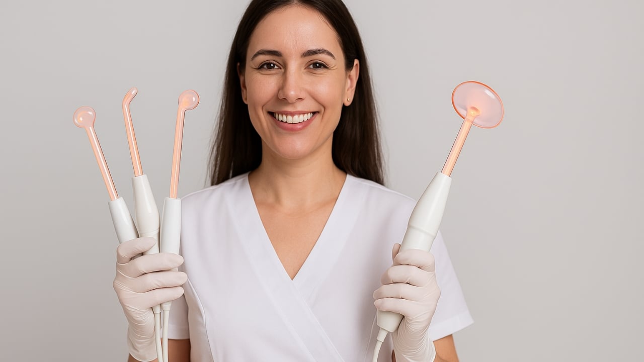 Cosmetóloga feliz sosteniendo electrodos de alta frecuencia que domina en cabina.