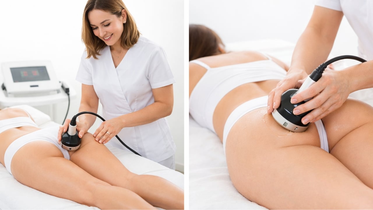 Tratamiento de radiofrecuencia corporal aplicado en muslos y glúteos por profesional estética en cabina.