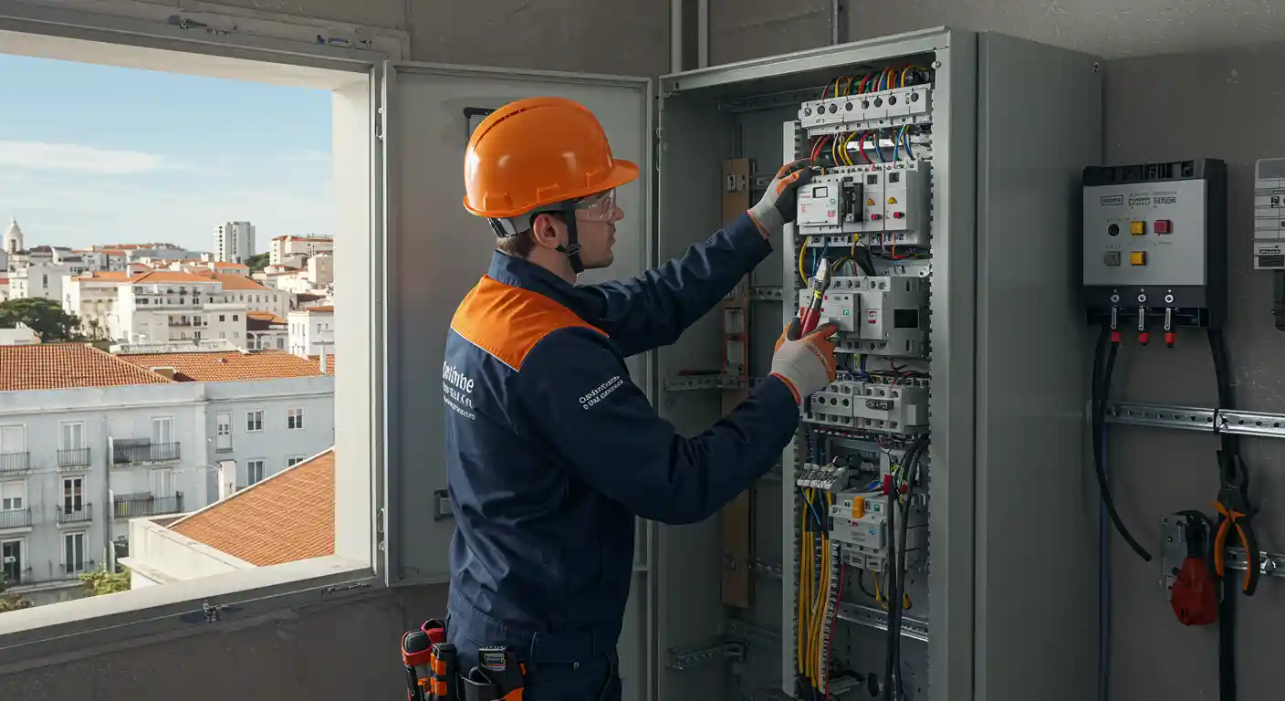 Técnico realizando manutenção de coluna montante elétrica