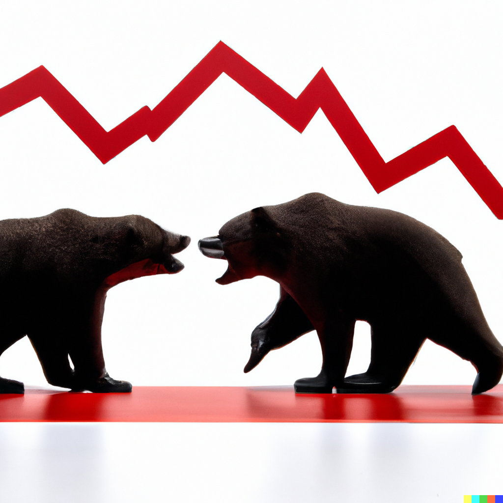 DALL·E 2023-05-03 22.18.37 - picture of recession in stock exchange with symbol of bears העלאת ריבית הפד, מיתון, העלאת ריבית, ריבית