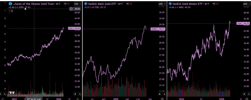 ETCs IAU, OUNZ ו-GDX. גרף שבועי מאת TradingView ETCs IAU, OUNZ ו-GDX. גרף שבועי מאת TradingView