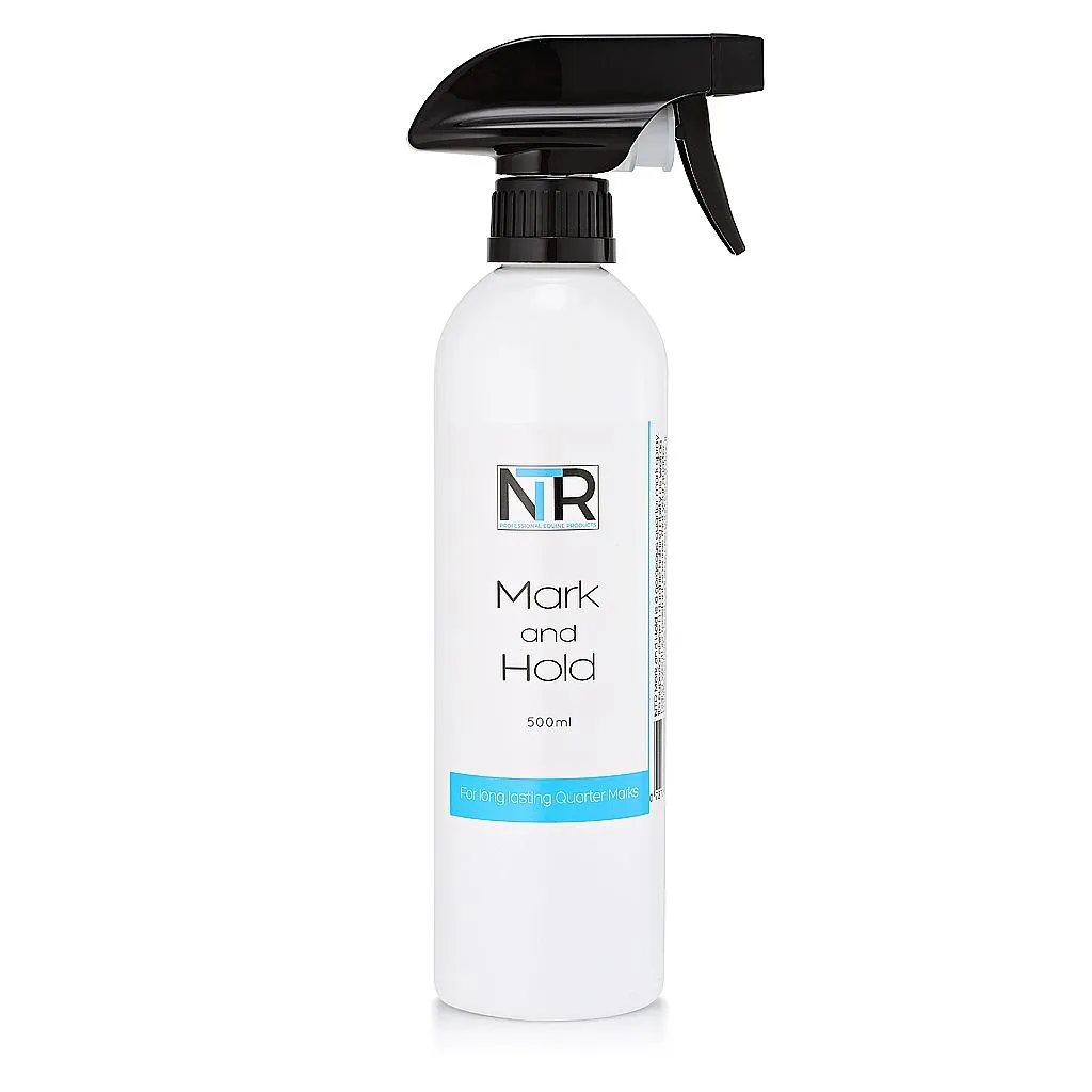 The 500ml white spray bottle with a black nozzle is elegantly labeled "NTR Mark & Hold," infused with the smooth touch of HSE Liquid Silk.