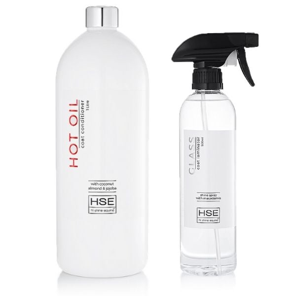 HSE Hot Oil & Glass Pro Coat Laminator Combo: A bottle of hot oil and a spray bottle for optimal cleaning and care.