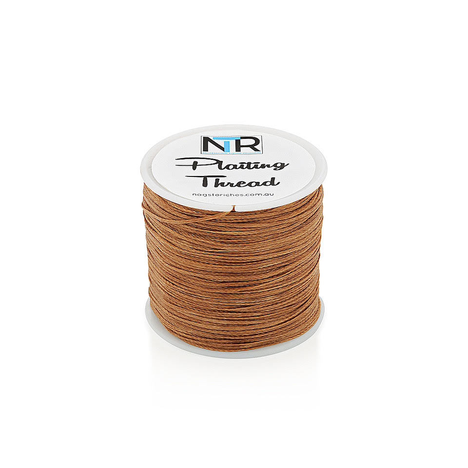 A spool of brown NTR Plaiting Thread on a white background.