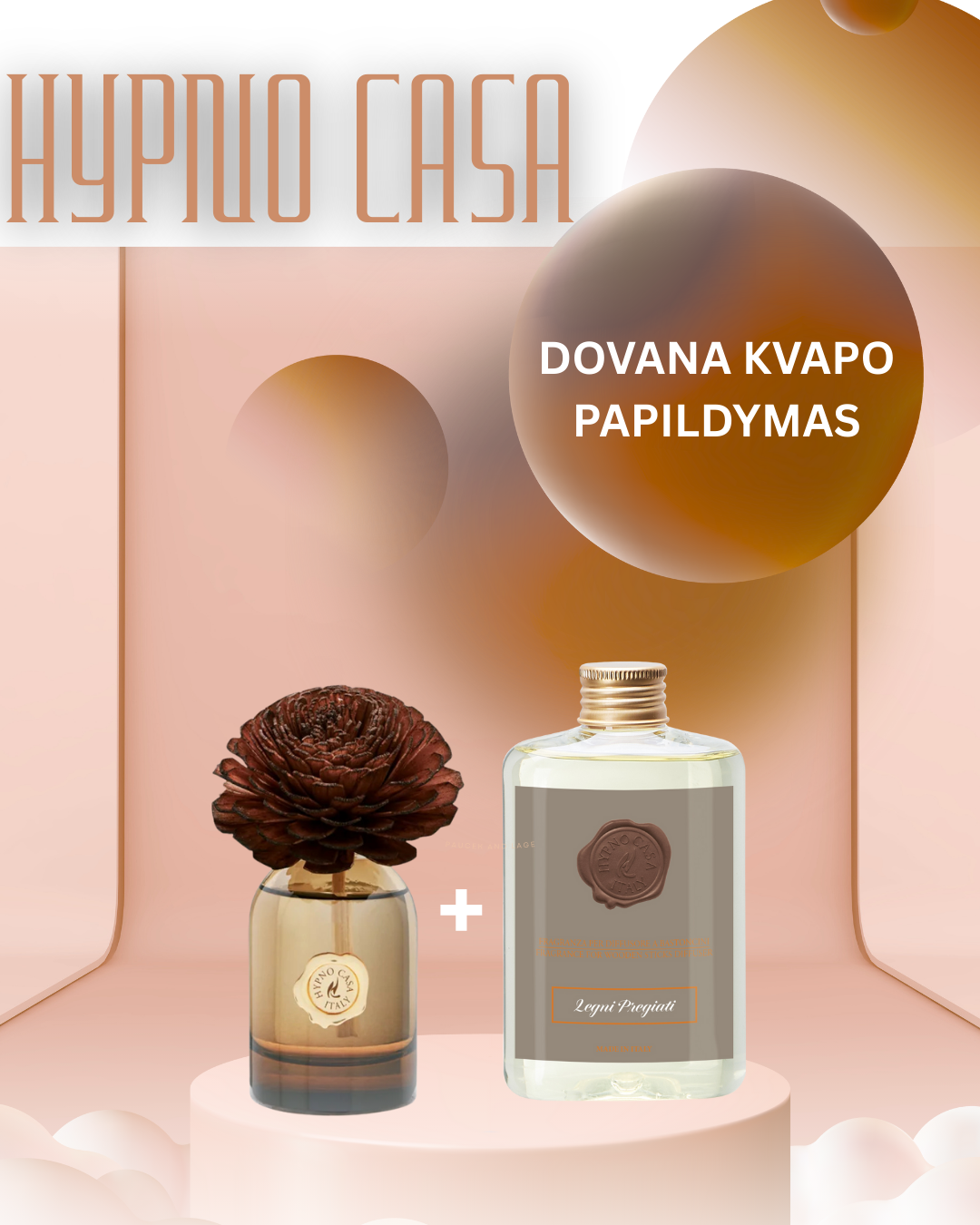 Hypno casa Italy namų kvapas su gėlės žiedu LEGNI PREGIATI, 100 ml. + DOVANA KVAPO PAPILDYMAS (200 ML.)
