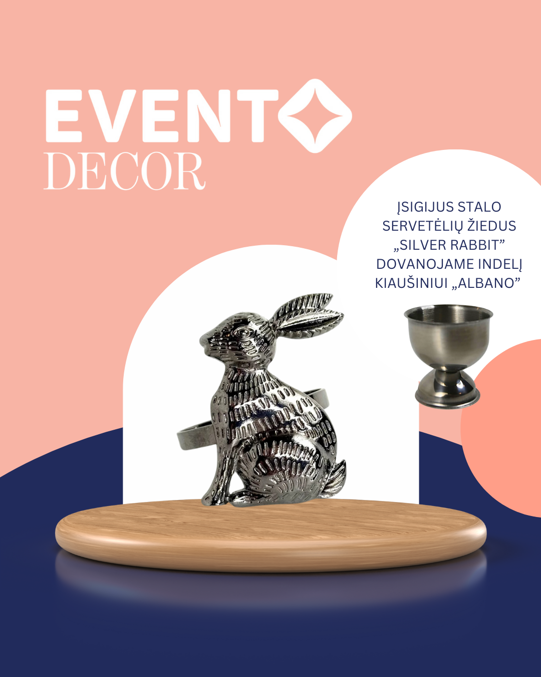 Stalo servetėlių žiedai "Silver rabbit" (2 vnt.) + DOVANA KIAUŠINIŲ LAIKIKLIAI (2 VNT.)