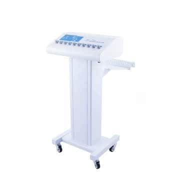 Dispozitiv medical alb cu panou de control și butoane, montat pe un suport cu roți, ideal pentru terapiile Electrostimulare Iași.