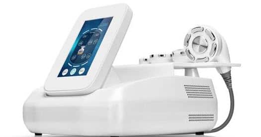 Un dispozitiv medical sau cosmetic alb cu o interfață cu ecran tactil și un aplicator portabil atașat, eventual utilizat pentru tratamente pentru piele sau corp, precum Radiofrecventa Iași.