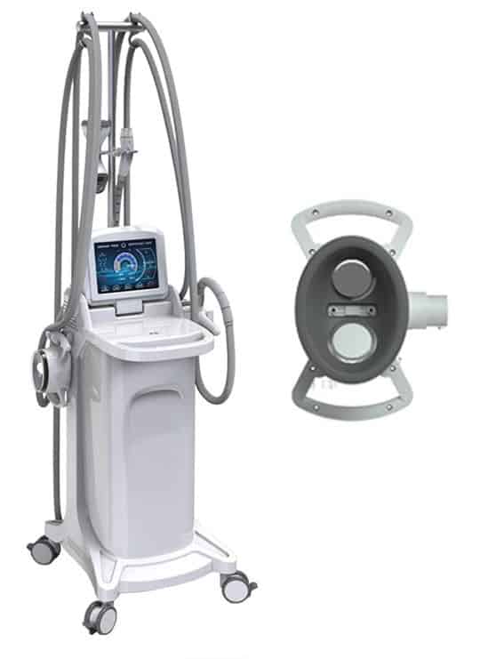 Un dispozitiv estetic medical pentru Cavitatie Iasi, echipat cu un ecran, un panou de control și mai multe furtunuri pe roți, este prezentat alături de un prim plan al aplicatorului manual.