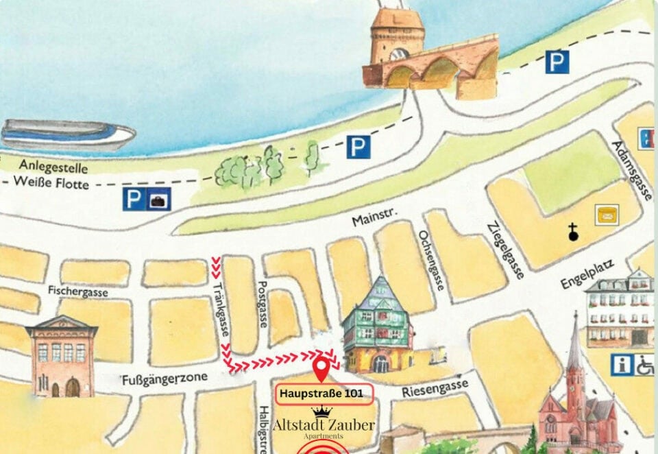 MainZauber Apartments früher MainTerrasse Miltenberg am Main - Illustrierte Karte zeigt den Weg vom Flussparkplatz zur Luxus-Ferienwohnung in der Altstadt Zauber, vorbei an Sehenswürdigkeiten.