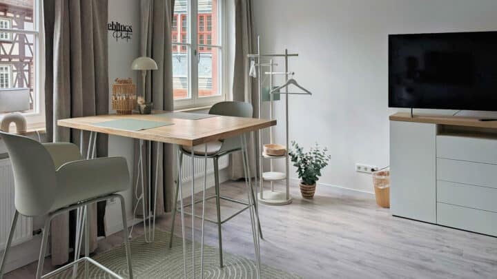 MainZauber Apartments früher MainTerrasse Miltenberg am Main - Moderne, helle Luxus-Ferienwohnung in der Altstadt mit großem Esstisch, TV, Garderobe, Pflanze, Parkett, großen Fenstern und elegantem Design.