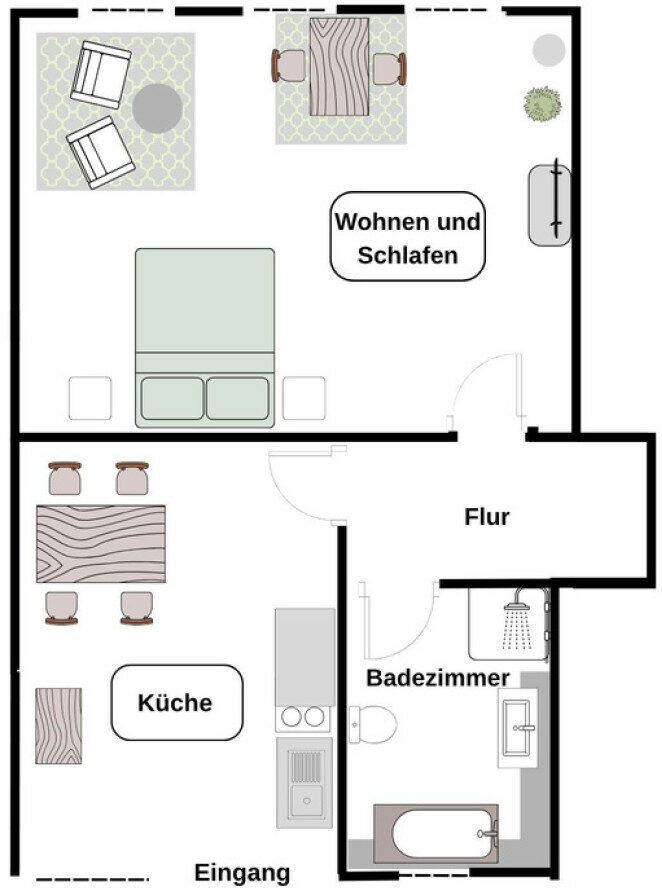 MainZauber Apartments früher MainTerrasse Miltenberg am Main - Grundriss einer luxuriösen Ferienwohnung mit möblierter Küche, Wohn-Schlafbereich, Flur, Bad mit Dusche/Badewanne und Eingang.