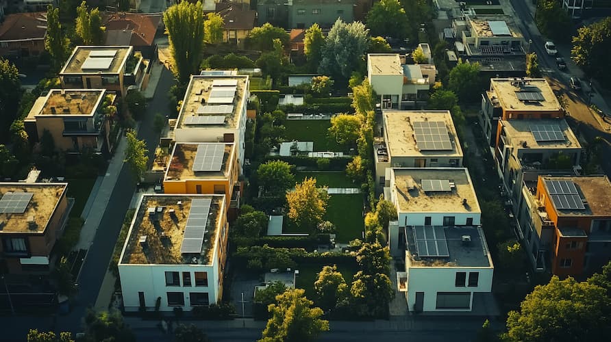 Quartier résidentiel durable avec toits végétalisés et panneaux solaires