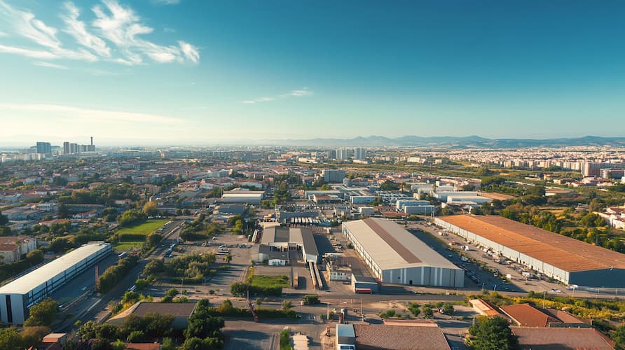 Vue aérienne d'une zone industrielle entourée d'espaces urbains et de verdure