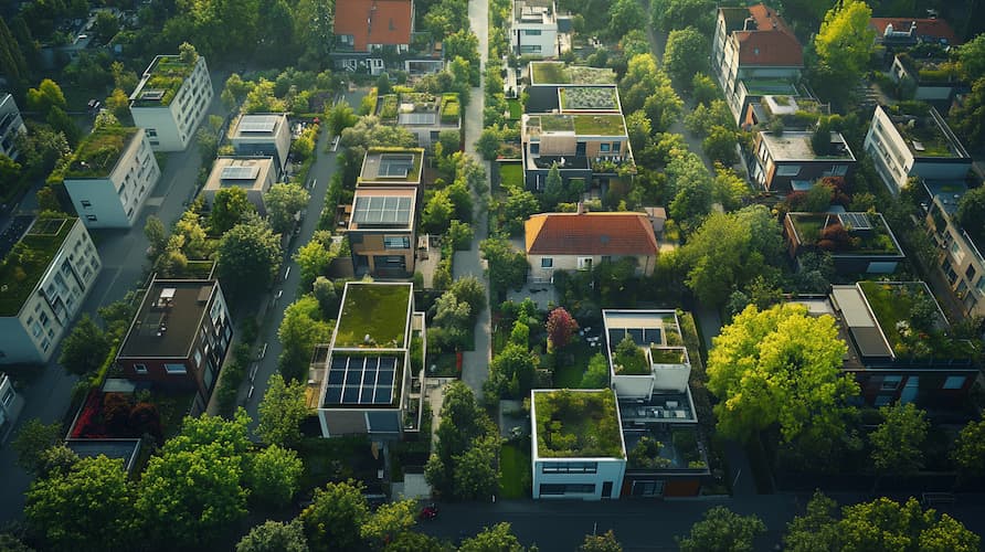Vue aérienne de maisons équipées de panneaux solaires – Quartier résidentiel durable et éco-responsable
