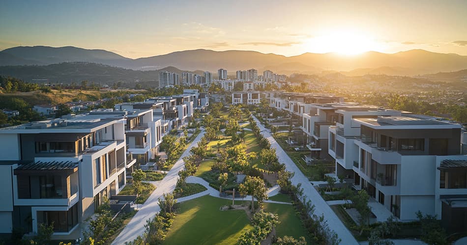 Projets immobiliers - Domaine d'application de la solution autoconsommation proposée par FHE Écoquartier résidentiel moderne avec solutions solaires