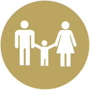 Adoption Icon This beige icon shows the outline of a family with the father on the left, the toddler in the middle, and the mother on the right. The mother and father are holding the child's hands.