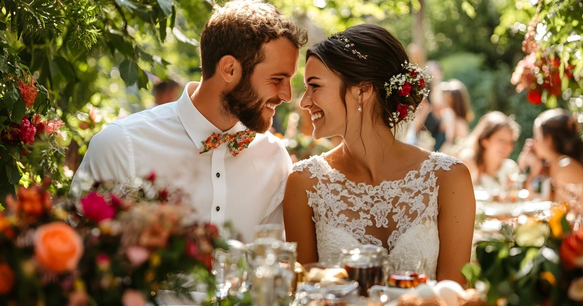 Couple staring at one another at their wedding