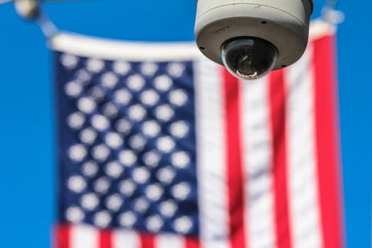 Home Surveillance camera focusing on security with American flag backdrop.