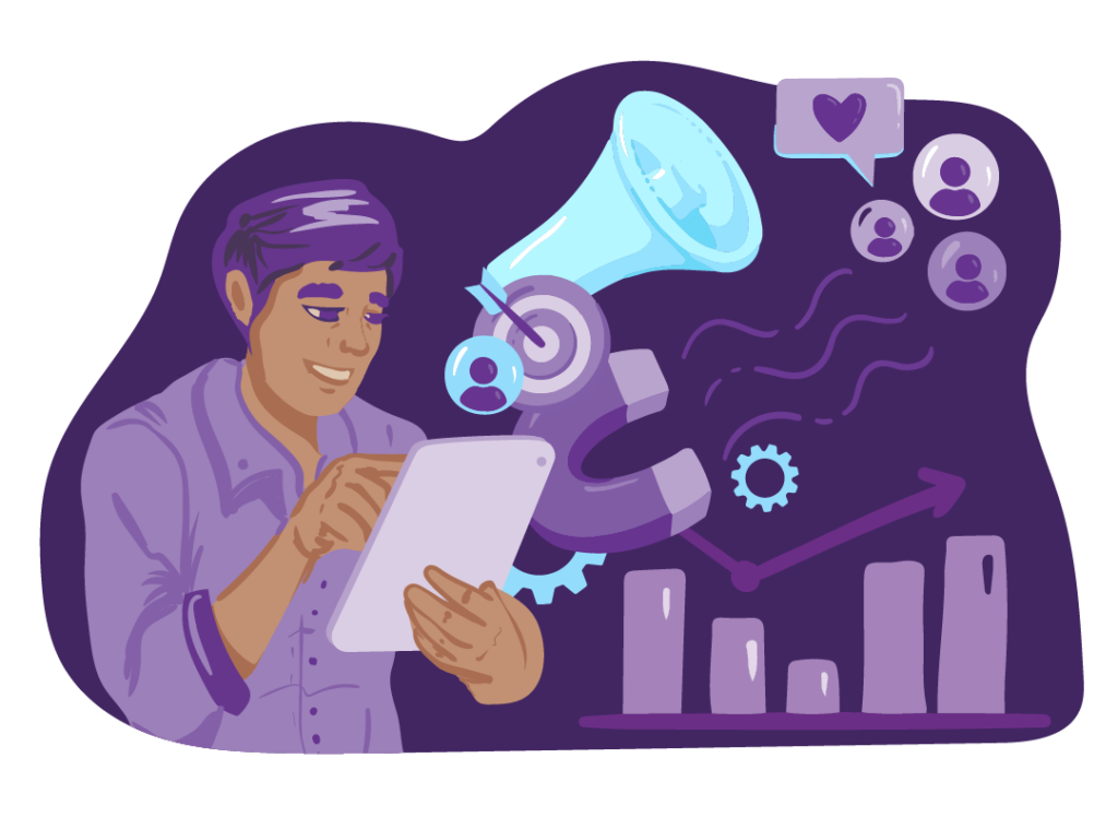 Top Branding Tips for Small and Medium-sized Businesses 3 A man is looking at a branding report on his tablet so as to understand what his branding strategy has accomplished. Icons represent attracting an audience and promoting the brand and content. And a graph represents sales growth.