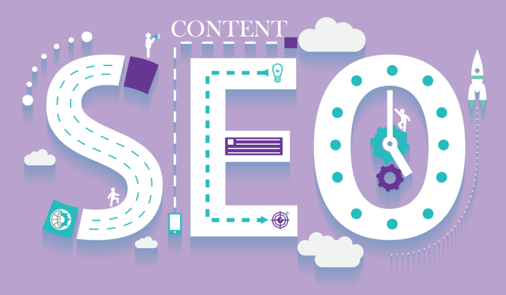 How SEO Works to Drive Traffic and Profits 9 Fancy lettering that says ‘SEO Content’.